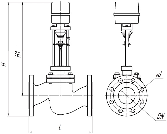 Клапан регулирующий двухходовой DN.ru 25ч945п Ду100 Ру16 Kvs80, серый чугун СЧ20, фланцевый, Tmax до 150°С с электроприводом Катрабел TW-3000-XD24