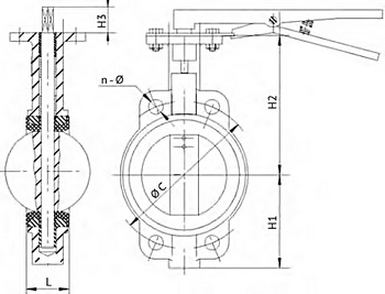 Эскиз Затвор дисковый поворотный DN.ru WBV3432E-2W-Fb-H Ду40 Ру16, корпус -сталь WCB, диск - сталь 316L, уплотнение - EPDM, с рукояткой
